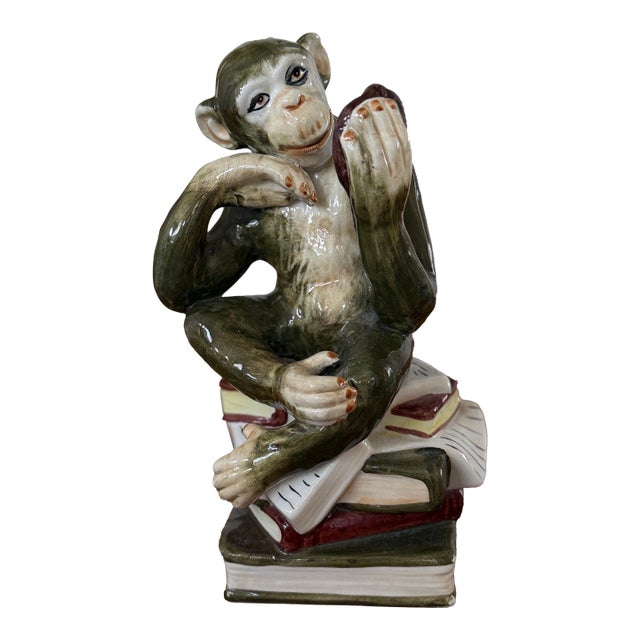 Vintage Ceramic Monkey Holding Mirror Figurine For Sale