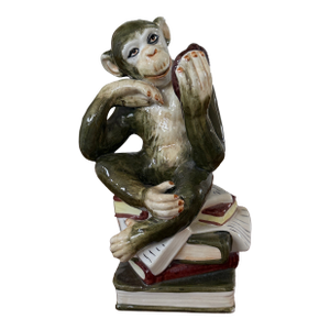 Vintage Ceramic Monkey Holding Mirror Figurine