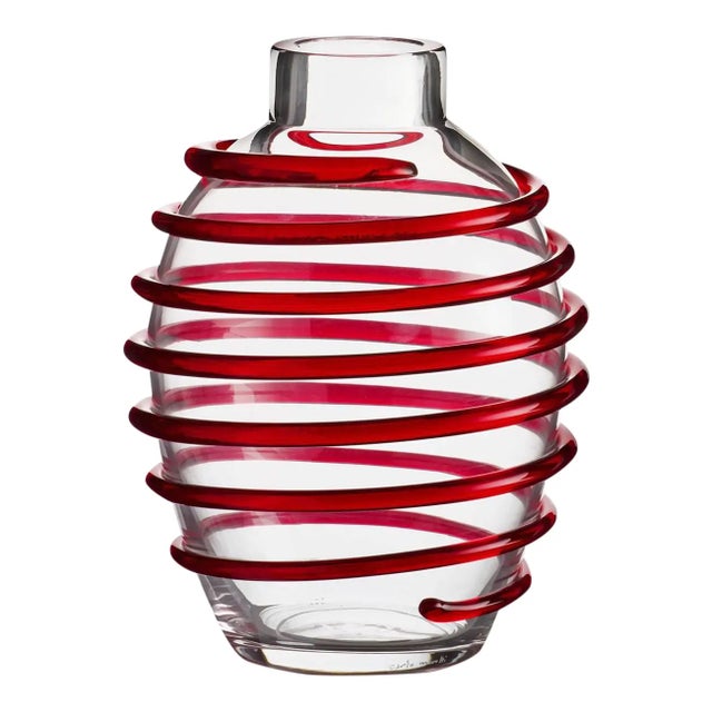 Carlo Moretti Nunki contemporary mouth blown Murano glass vase in clear glass with red stripe overlay. Part of the I...