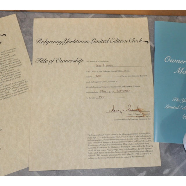 An impressive union of American historical tribute and traditional clockmaking, this Ridgeway “Victory at Yorktown”...
