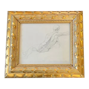 1970’s Original Male Nude Figure Study Drawing Chunky Gold Frame