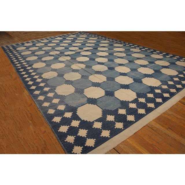 Early 20th Century Indian Cotton Dhurrie Carpet ( 12'3" x 19' - 373 x 580 ) Antique Indian Dhurrie Blue Geometric Flat...