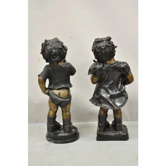 Late 20th Century Victorian Style Cast Bronze 29" Little Boy and Girl Statue Figure - A Pair For Sale - Image 9 of 12