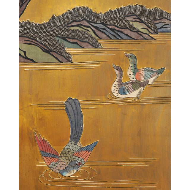Chinese Export Lacquered Gilt Coromandel Screen Cranes and Ducks For Sale - Image 17 of 18