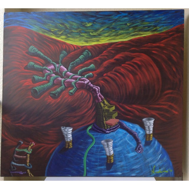 C. 2001; New York Artist, Neo-Surreal acrylic painting on canvas, titled, "Munk-key Sea, Munk-eeh Dew." From a NY solo...