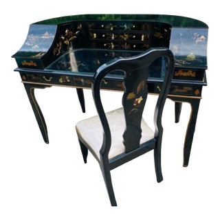 1970s Asian Chinoiserie Style Writing Desk with Glass and Chair - Set of Two For Sale
