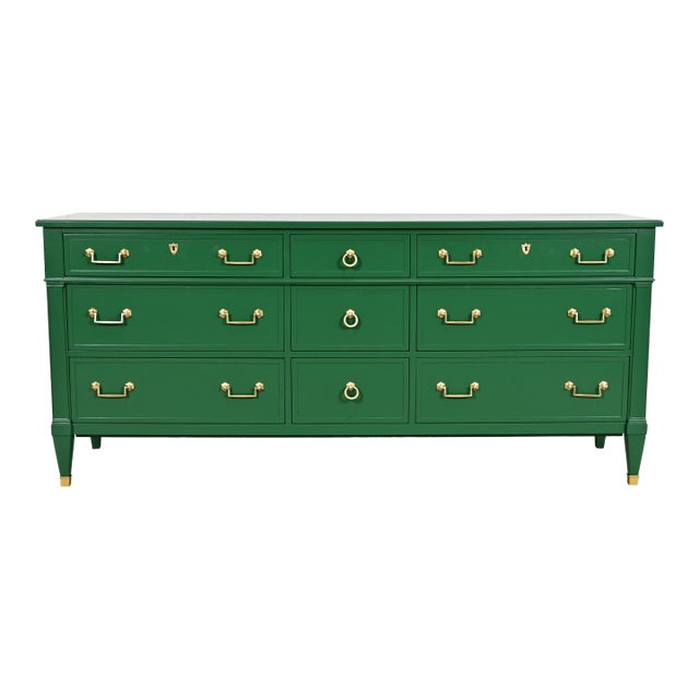 Heritage French Regency Louis XVI Green Lacquered Dresser or Credenza, Newly Refinished For Sale