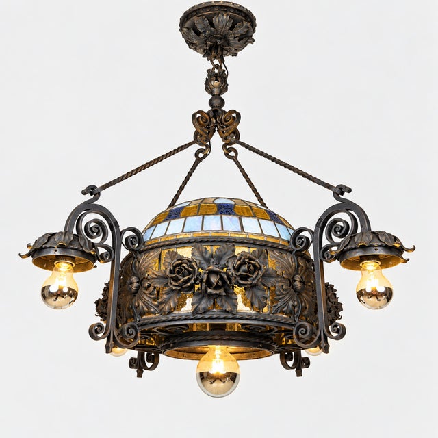 Art Nouveau Revival Wrought Iron Chandelier with Floral Stained Glass, Italy, 1950s For Sale - Image 10 of 18