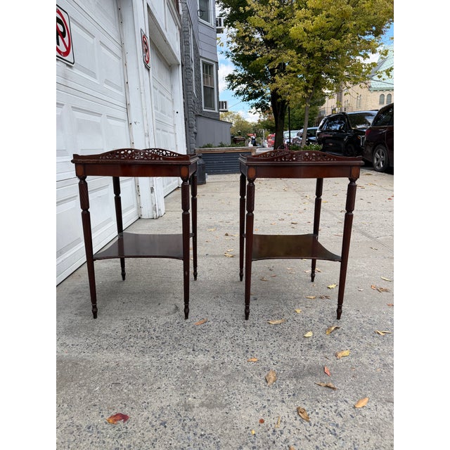 Pair of Vintage Hepplewhite Style Mahogany Side Tables With Pierced Galleries and Lower Shelves For Sale - Image 12 of 12