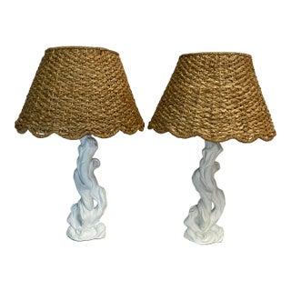 1950s Coastal Faux Bois Plaster Lamps, Serge Roche & Nakashima Style, New Scalloped Wicker Shades - a Pair. For Sale