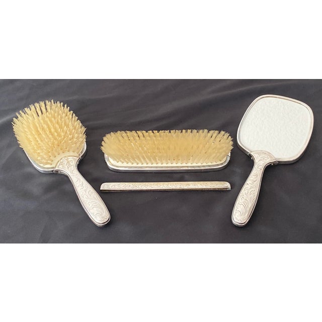 Vintage European Silver 835 With Crescent and Crown Hallmark Vanity Set Brush, Mirror, Comb Cover, Clothes Brush - 4 Pieces For Sale - Image 4 of 12