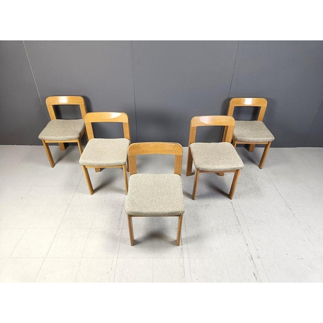 Mid century brutalist dining chairs with their original grey/beige fabric upholstery. Very sturdy chairs with a nice...