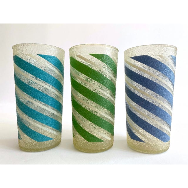 Pink Vintage Mid Century Modern Candy Stripe Multicolor Frosted Tumbler Glasses- Set of 7 For Sale - Image 8 of 13