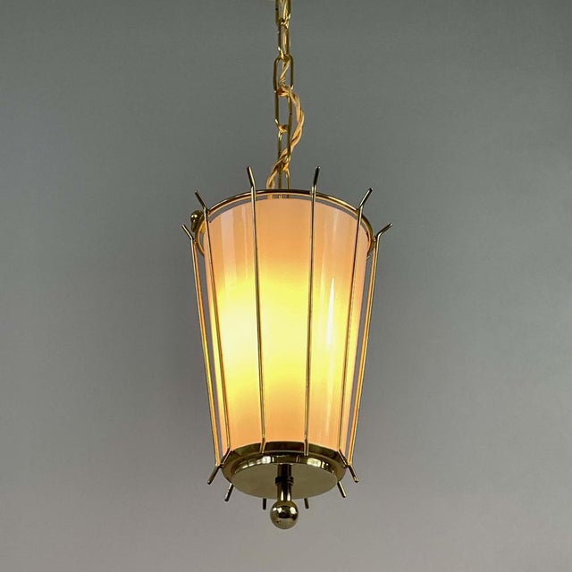 1950s Swedish Opaline Glass and Brass Caged Lantern Pendant, 1950s For Sale - Image 5 of 16
