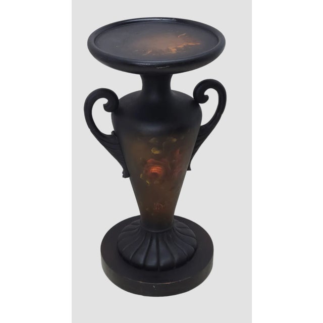 Antique Regency Neo-Classical Urn Form Hand Painted Romantic Roses Carved Wood Plant Stand, measuring 29'' High 14'' Round...