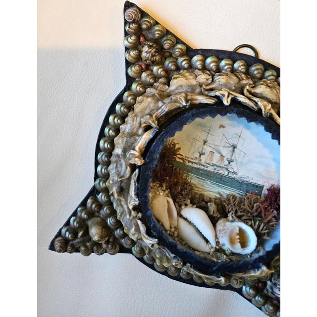Edwardian Shellwork Valentine Diorama of a Royal Navy Cruiser, Star-Shaped Frame For Sale - Image 4 of 9