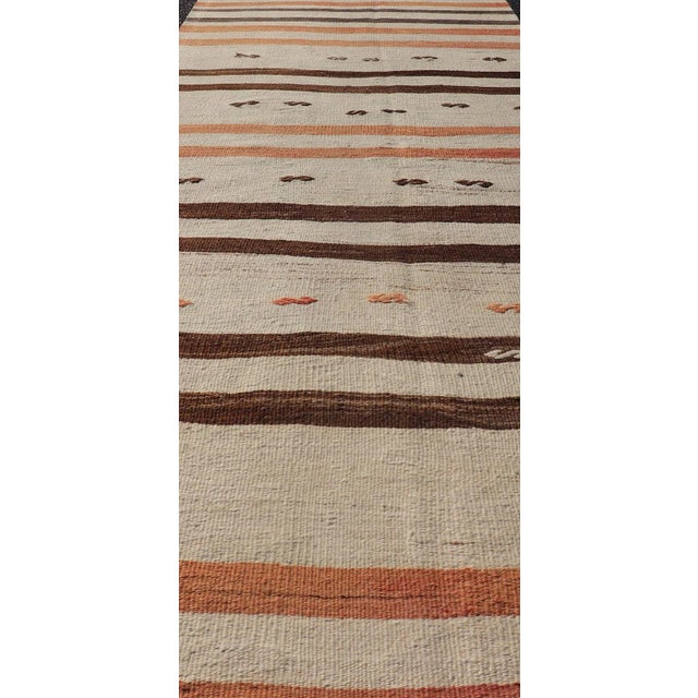 Vintage Turkish Kilim Runner with Stripes in Cream, Brown & Soft Coral Color. Keivan Woven Arts / rug EN-P13693, country...