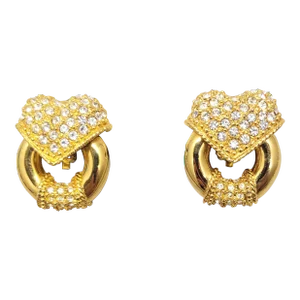 Vintage Signed Escada Goldtone Rhinestone Heart Doorknocker Clip Earrings - 2 Pieces