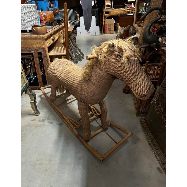 Wood Oversized Vintage Wicker Children's Rocking Horse For Sale - Image 7 of 11