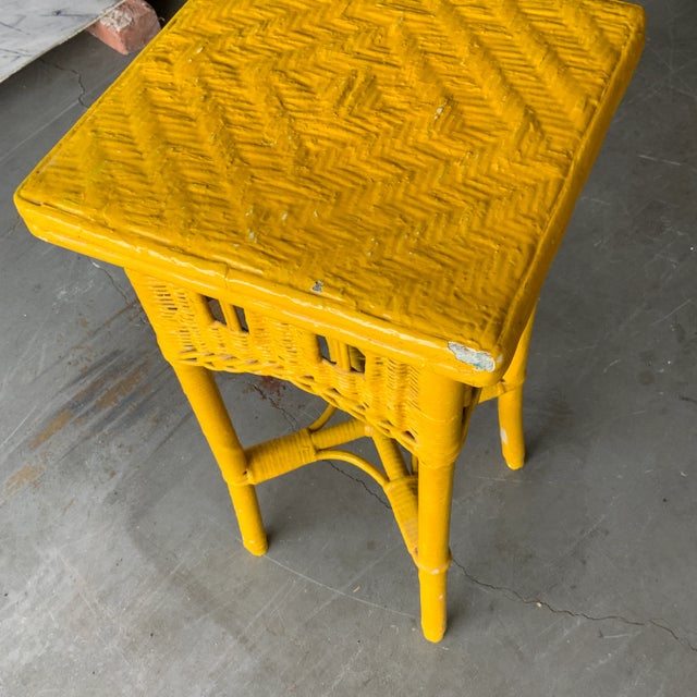 1980s 1980s Vintage Bright Yellow Wicker Side Table For Sale - Image 5 of 7