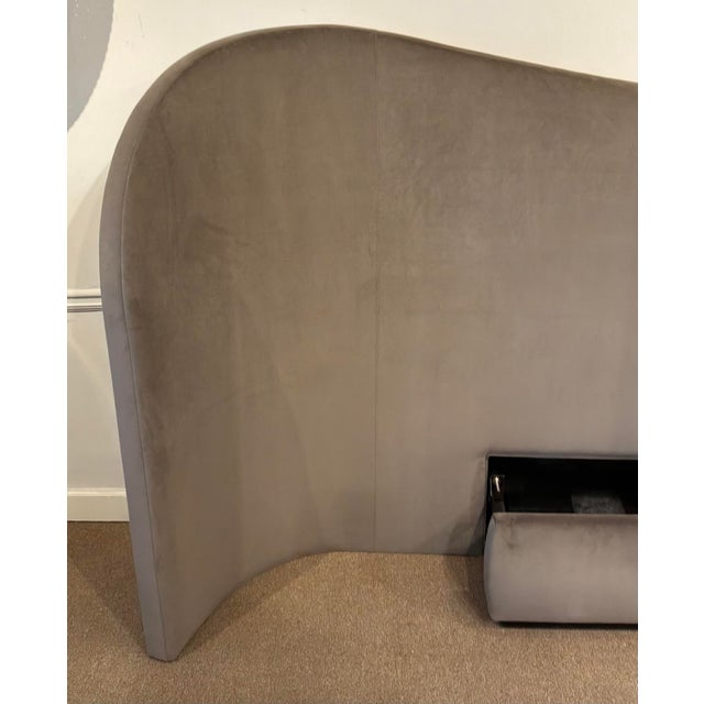 Original retail $17,600, unique Caracole Modern Taupe Velvet Clio King Bed and Muse Nightstands Set of 3, dark chocolate...