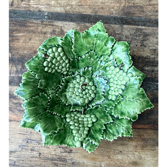 Vintage Portuguese Glazed Ceramic Grape Leaf Bowl For Sale - Image 11 of 12