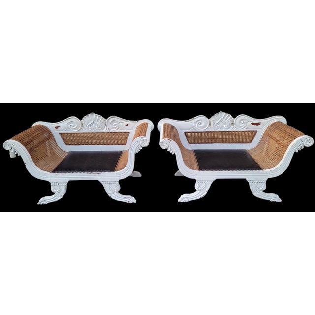 Painted Antique Anglo-Indian Colonial Caned Leather Seat Settees -- a Pair For Sale - Image 10 of 13