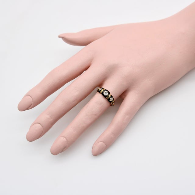 Late 19th Century Victorian 18k Gold Enamel and Old Mine Cut Diamond Mourning Ring, Size 6.75 For Sale - Image 9 of 10