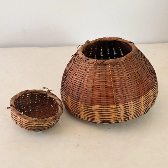Antique Handcrafted Lidded Baskets of Woven Bamboo and Rattan, a Pair For Sale - Image 4 of 5