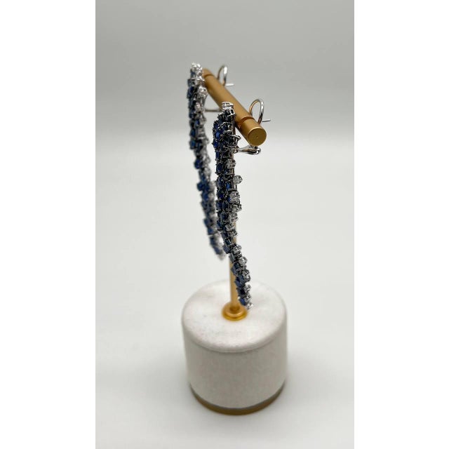 Early 21st Century Blue Sapphire Cascade Wave Diamonds 18k White Gold Statement Fancy Earrings, A Pair For Sale - Image 5 of 12