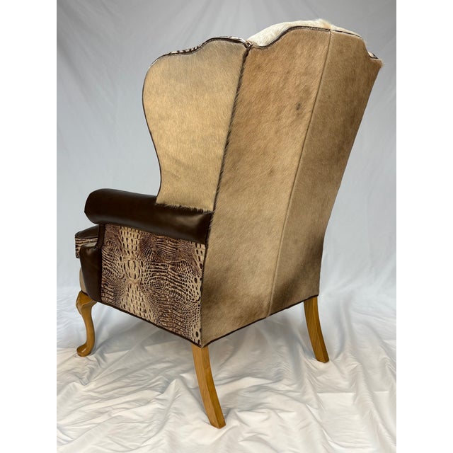 1970s 1970s Custom Wingback Chair in Brazilian Champagne Hair-on-Hide & Italian Espresso Leather – Crocodile Embossed Accents For Sale - Image 5 of 11