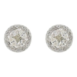 18k Gold Natural Diamond Halo Cluster Wedding Stud Earrings- 2 Pieces For Sale