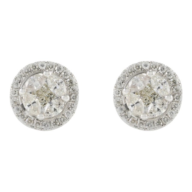 18k Gold Natural Diamond Halo Cluster Wedding Stud Earrings- 2 Pieces For Sale