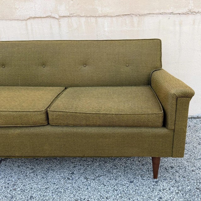 Wood Vintage Mid Century Modern Greenish Brown Tufted 82" Sofa Couch W/ Walnut Legs For Sale - Image 7 of 18