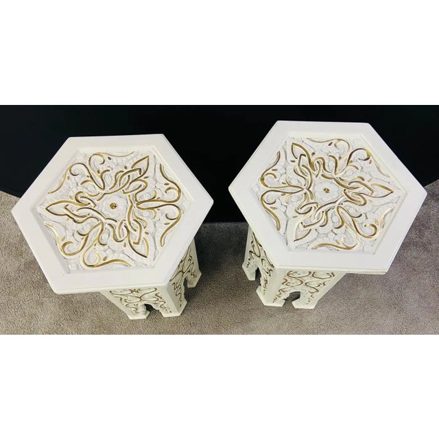 Hollywood Regency Moroccan Stye Side or End Table White With Gold Design, a Pair For Sale - Image 4 of 10
