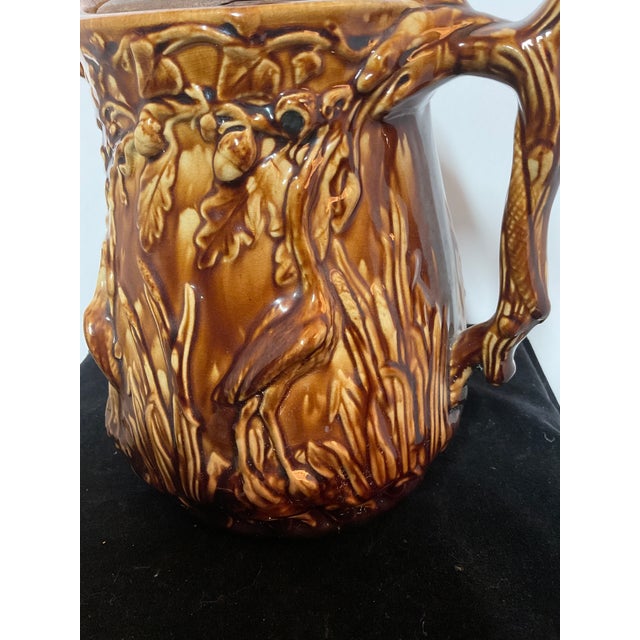 Antique Rockingham Majolica Pitcher With Oak Leaf & Crain Relief Complete With Original Wood Lid For Sale - Image 11 of 14