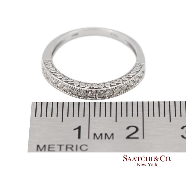 14k 585 Solid White Gold Side Engraving Milgrain Natural Diamond Band Ring, Size 6 For Sale - Image 11 of 13