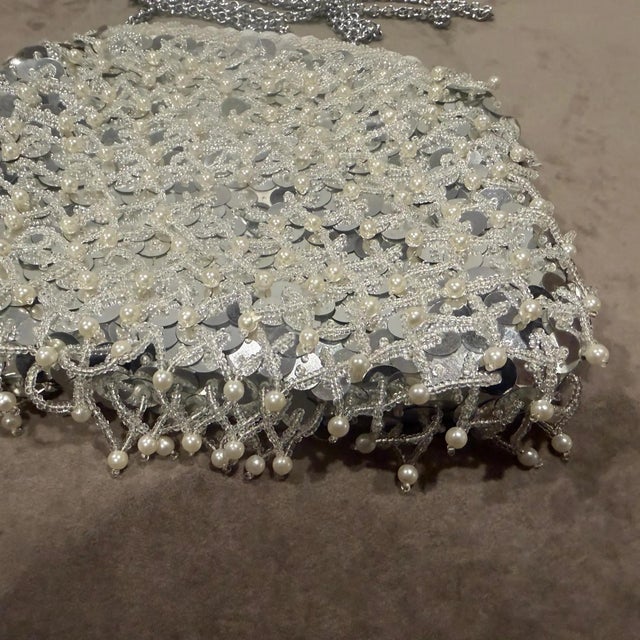 1950s Retro Silver Silk, and White Beads Hand-Crafted Italian Evening Bag For Sale - Image 9 of 9