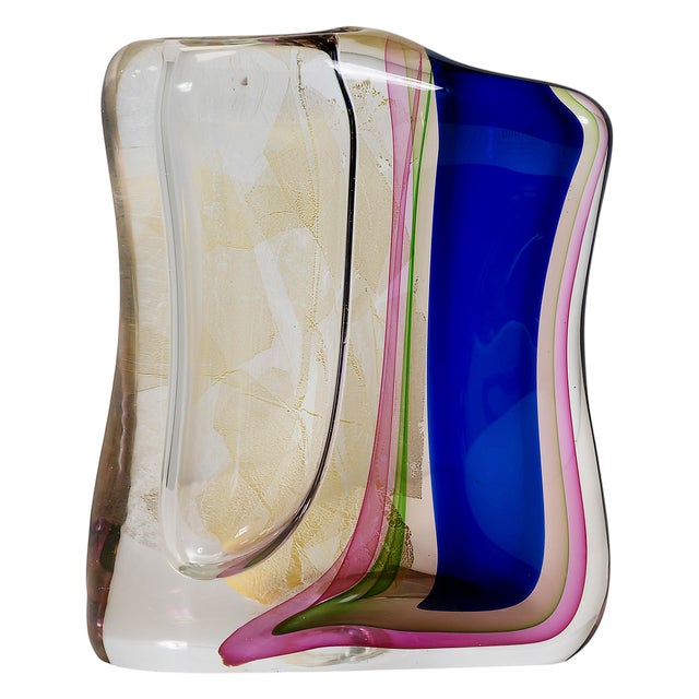 Vintage asymetric form Italian handmade Giuliano Mian / Formia Sommerso vase created in multi-colour layers of Murano...
