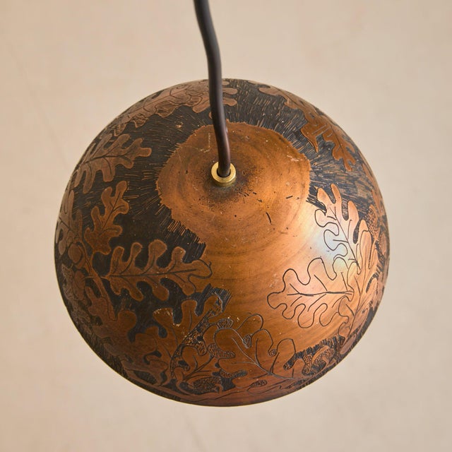 Victor Cerrato Italian Etched Copper Oak Leaf Pendant Light by Victor Cerrato, 1960s For Sale - Image 4 of 11