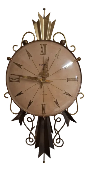 Mid-Century German Wall Clock with Decorated Brass Housing, Cream White Dial and Curved Acrylic Glass Panel, Europe, 1950s