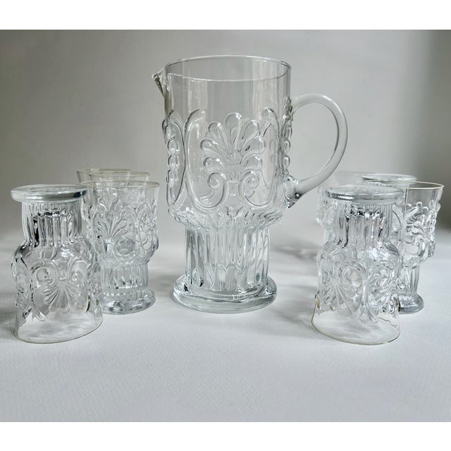 American Vintage Set of Pilgrim Glass Corp. Adams Clear 8 Pedestal Glasses & Pitcher For Sale - Image 3 of 18
