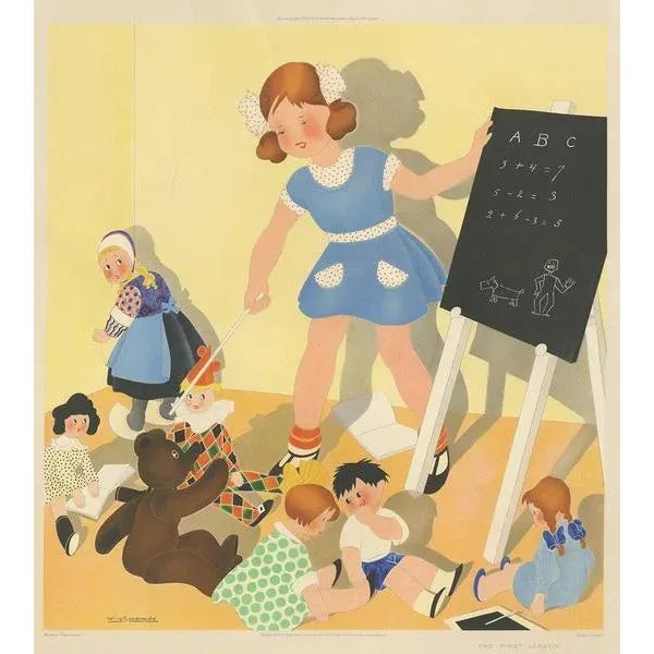 Antique print titled 'The first Lesson'. This print depicts a child playing with her dolls. Created by Willy Schermelé, a...
