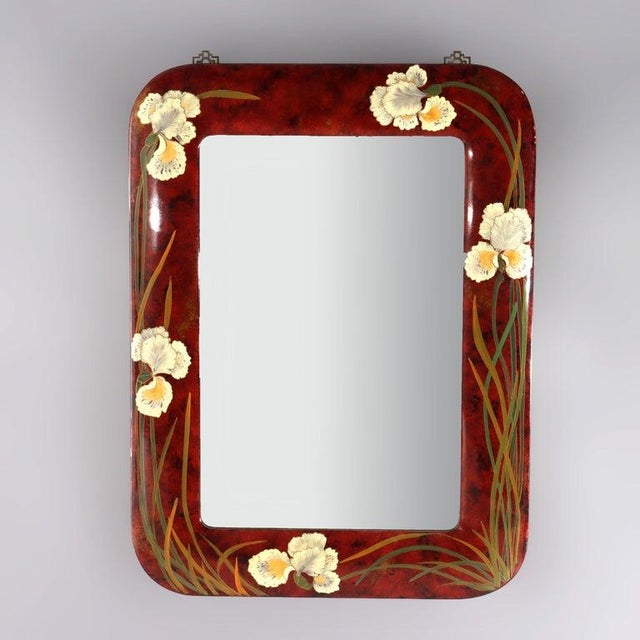 Art Nouveau Large Vintage Chinese Art Nouveau Mirror With Hand Painted Garden Irises C1920 For Sale - Image 3 of 13