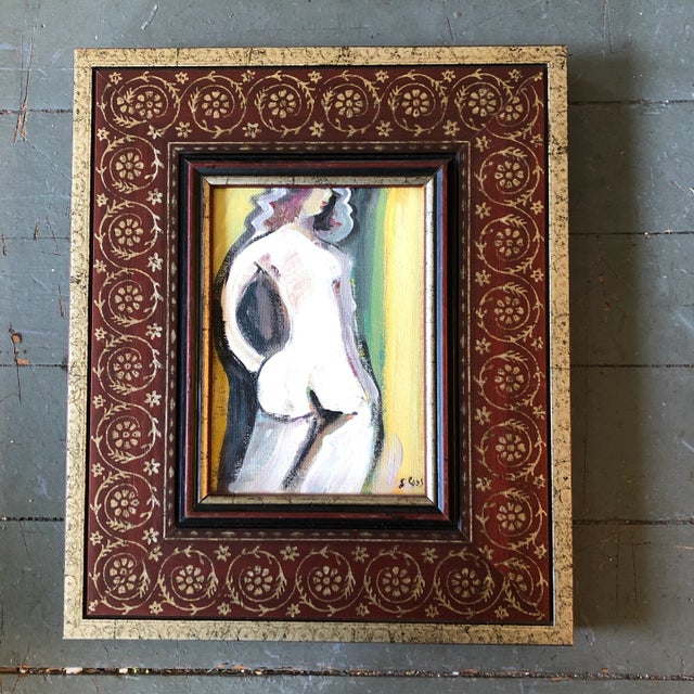 Contemporary Original Stewart Ross Modernist Abstract Female Nude Small Painting Ornate Frame For Sale - Image 4 of 4