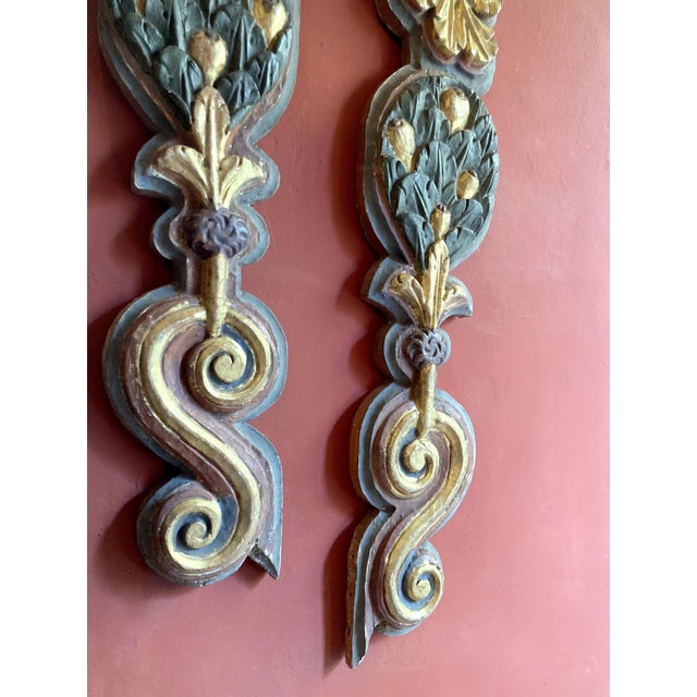 18th Century Antique Italian Polychrome Painted Handcarved Pilaster Friezes, Set of 2 For Sale - Image 9 of 18