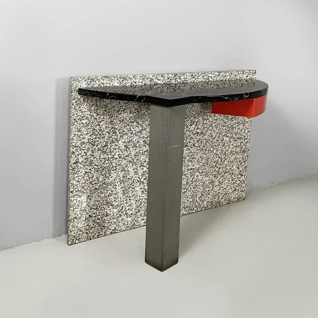Italian modern black marble, wood, serena stone and granite console Belvedere by Aldo Cibic for Memphis, 1980s Iconic...