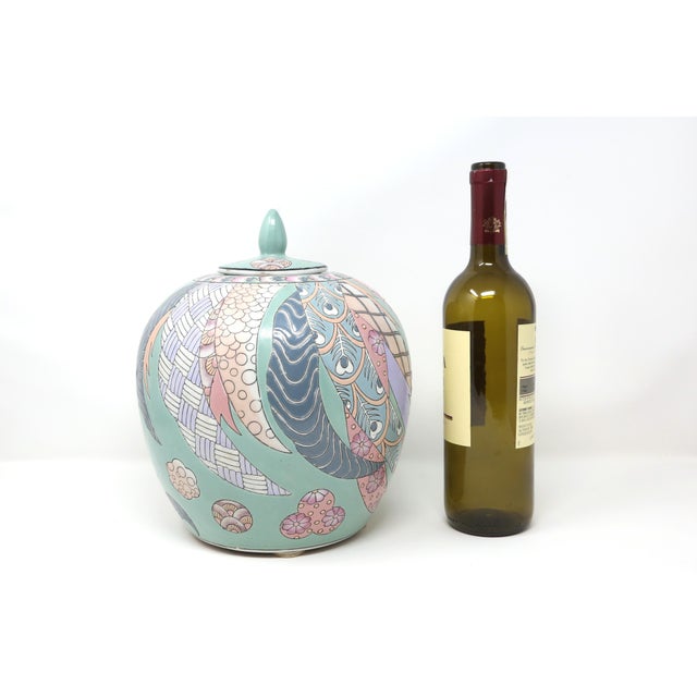 Celadon Pastel Celadon Chinese 10-Inch Ginger Jar With Abstract Chinoiserie Design For Sale - Image 8 of 9