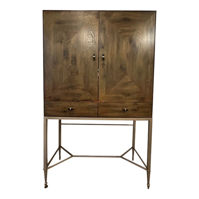 Caracole the Touch Bar Cabinet/Armoire – Aged Wood & Metal With Burnt Orange Interior and Adjustable Lighting For Sale