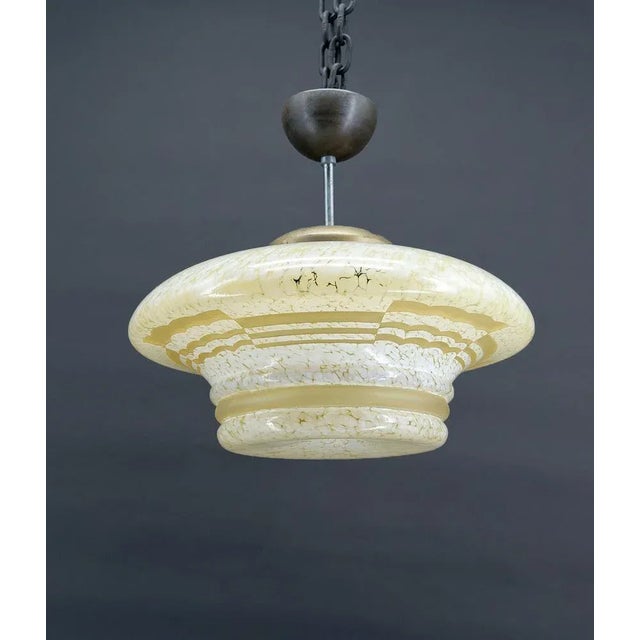 Suspension / chandelier in acid-etched “cloud” glass. Acid etched with geometric shapes. Modernist Art Deco, circa 1930....